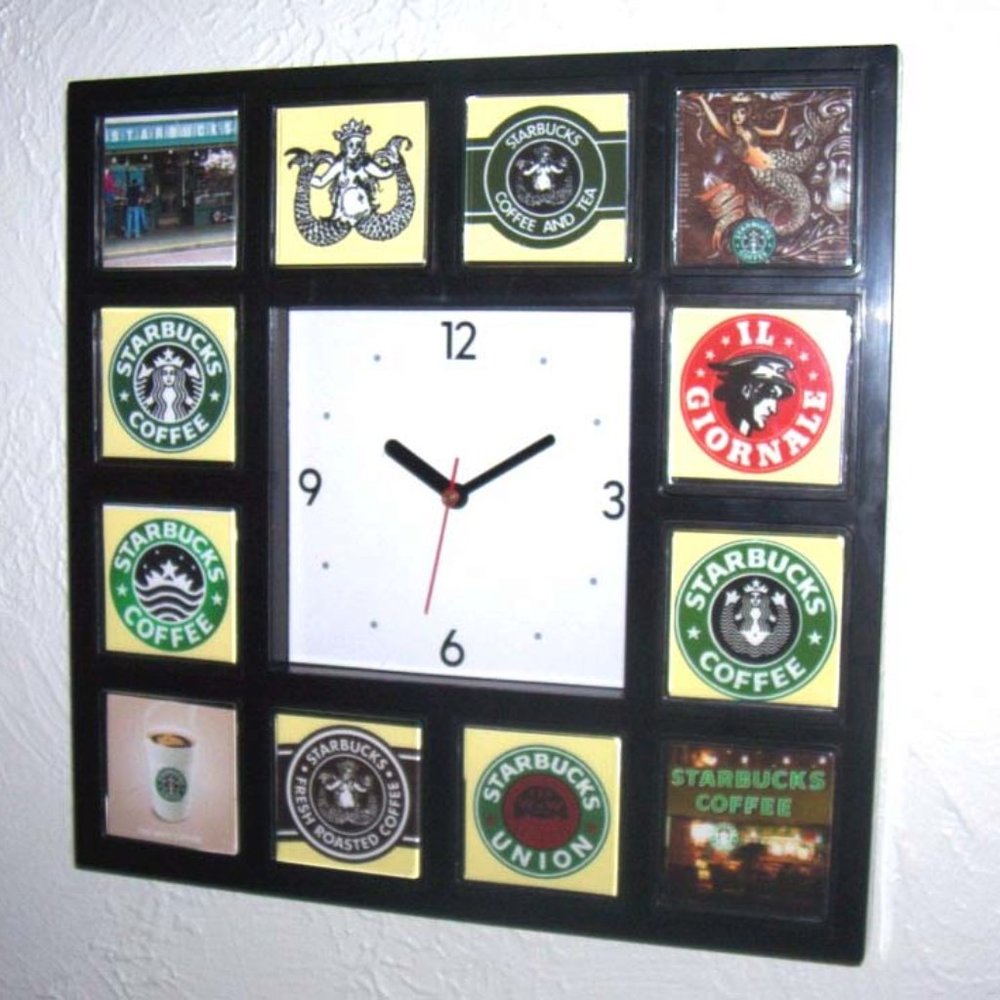 Starbucks Coffee Big Square History of the shop Clock with 12 pictures